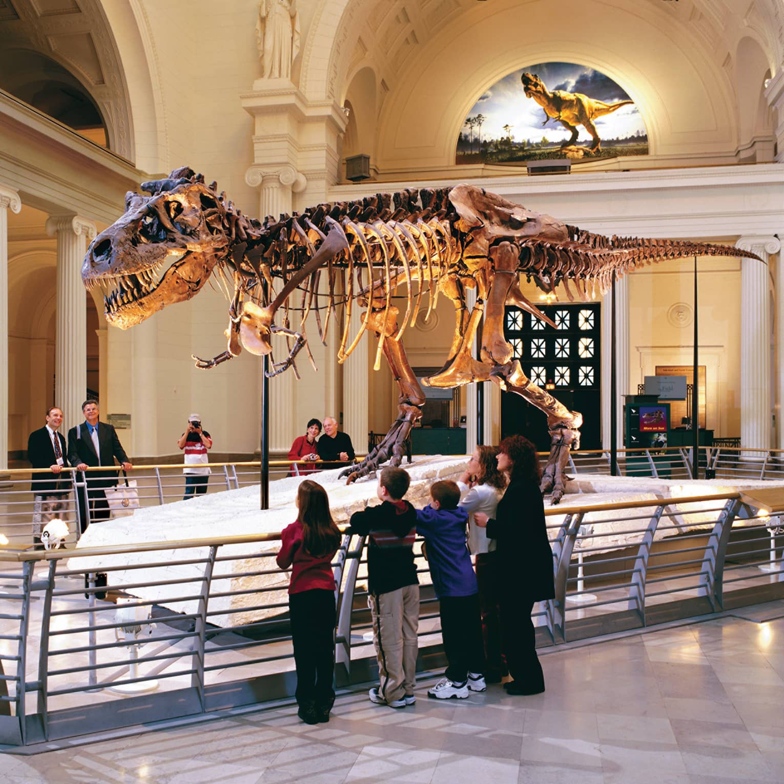 Family looks up at dinosaur bones in museum