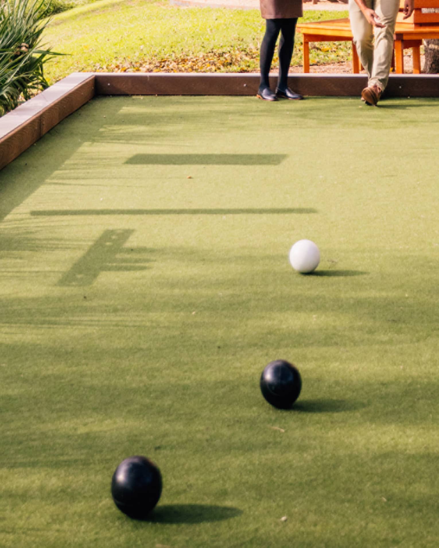Two people play bocce ball beneath a tree