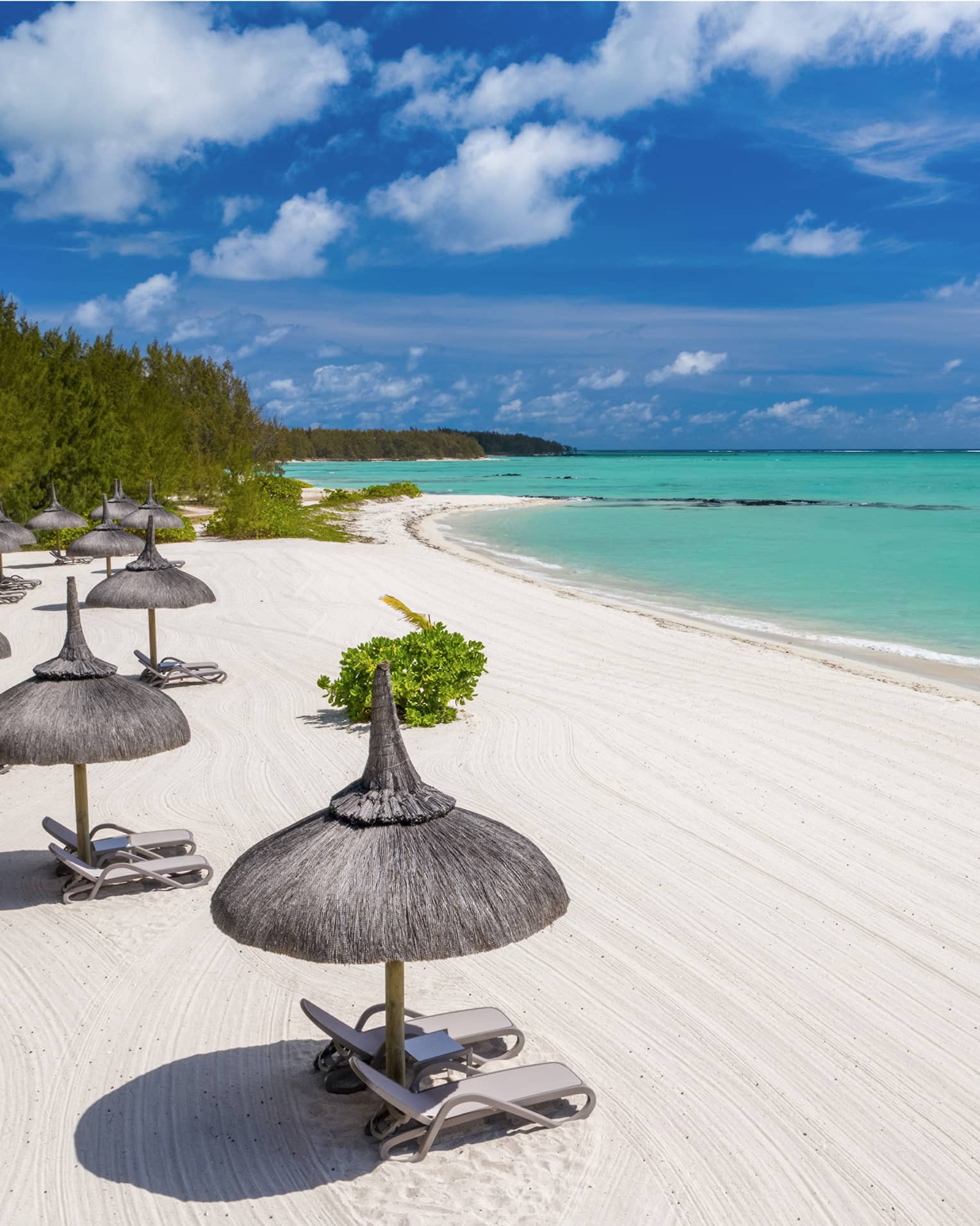 White sand beach with thatched umbrellas and lounge chairs and aqua ocean with blue sky above