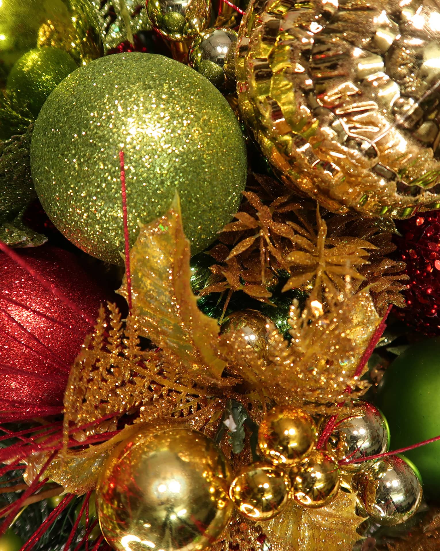 Green, read and gold ornaments.