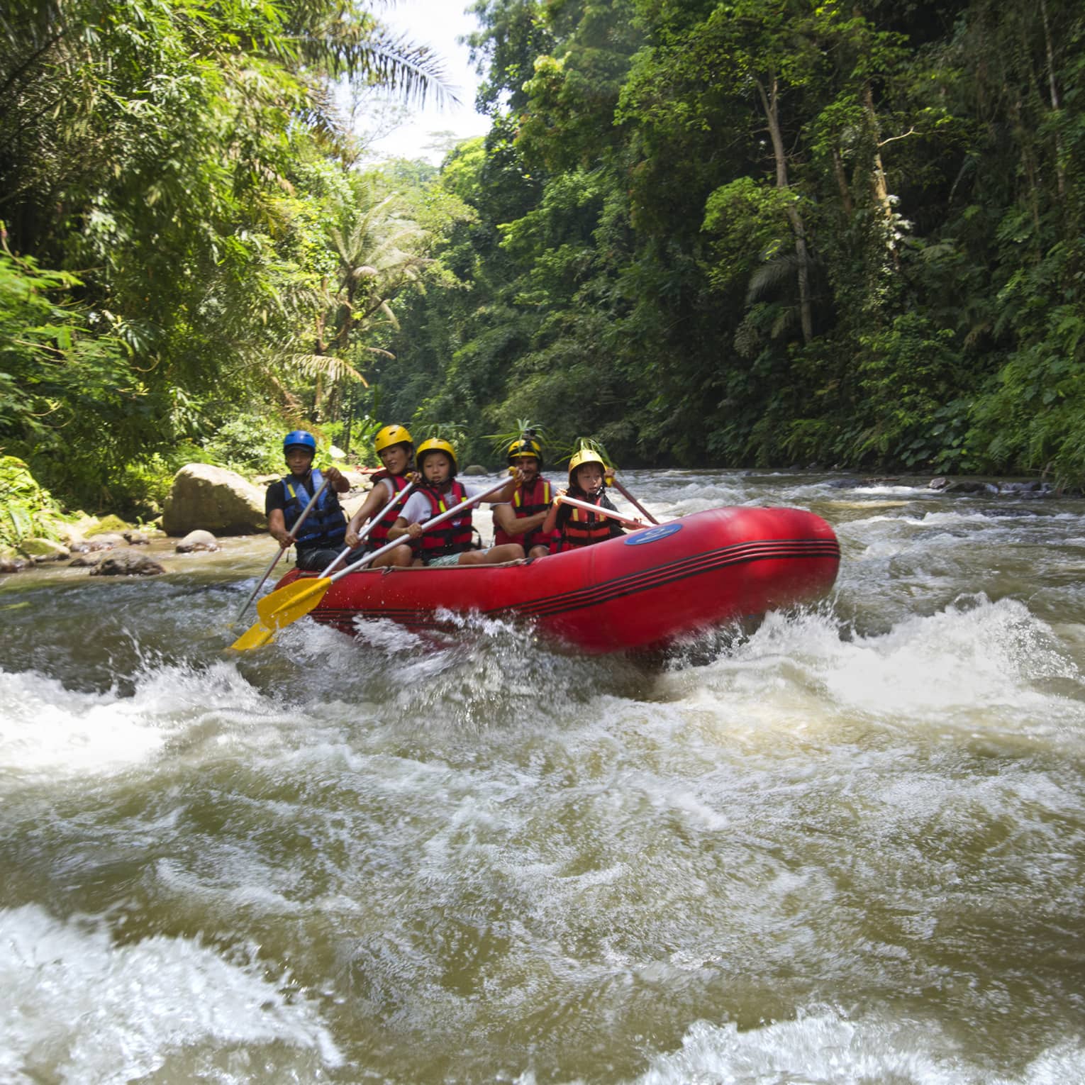 Family of four and guide hold paddles, steer red inflatable raft on rapids in river