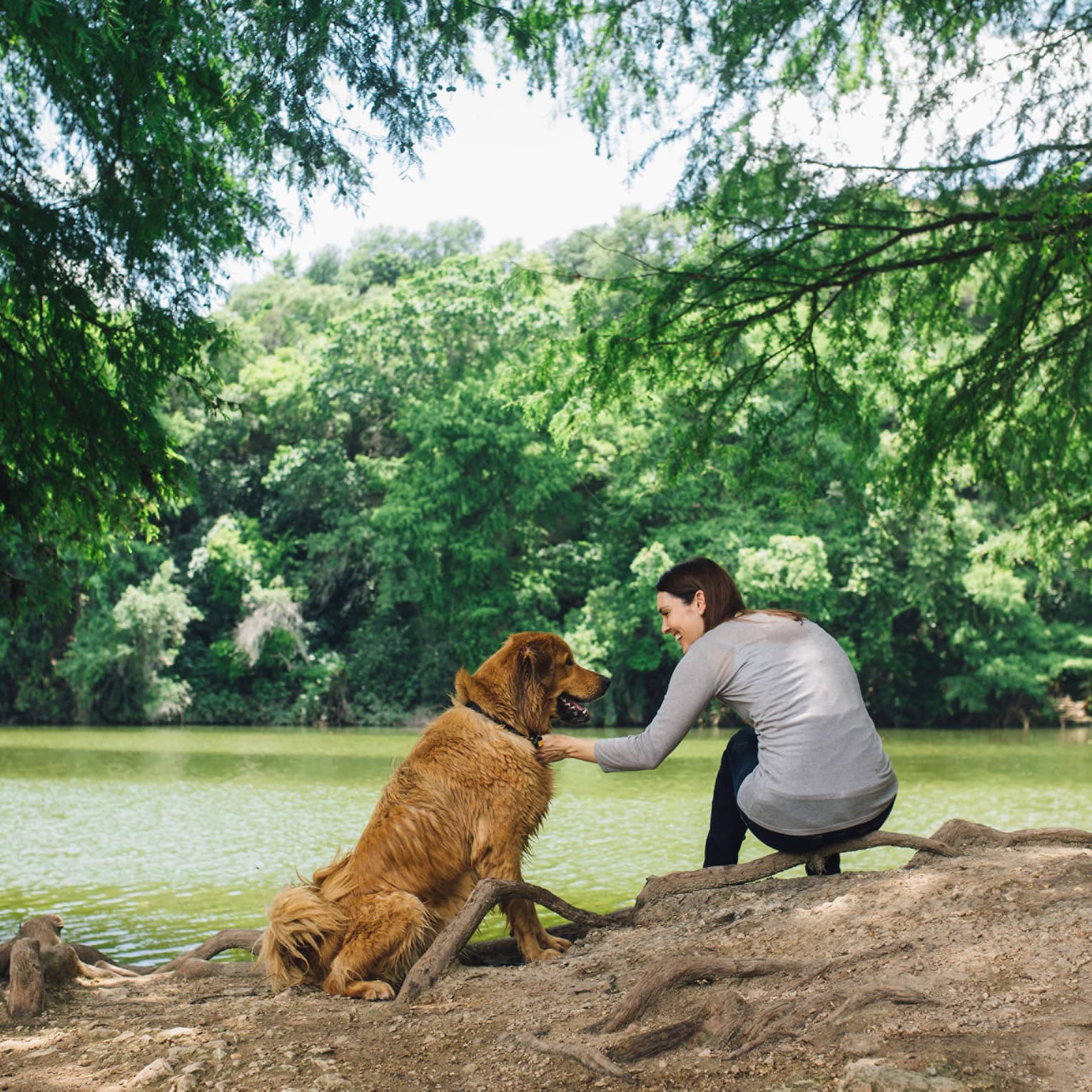 A woman pets a dog next to a lake