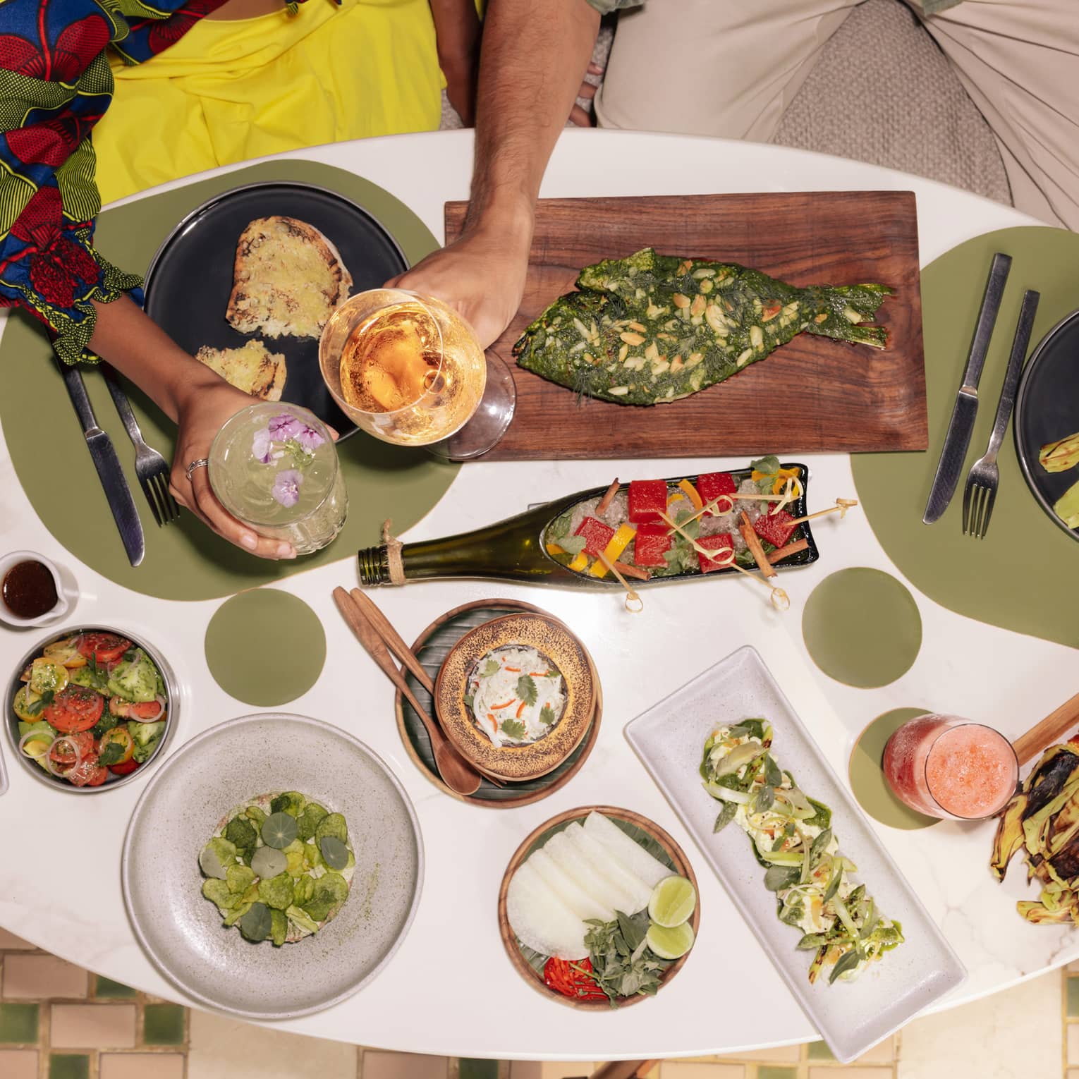 Sharing family-style dinner at luxury hotel