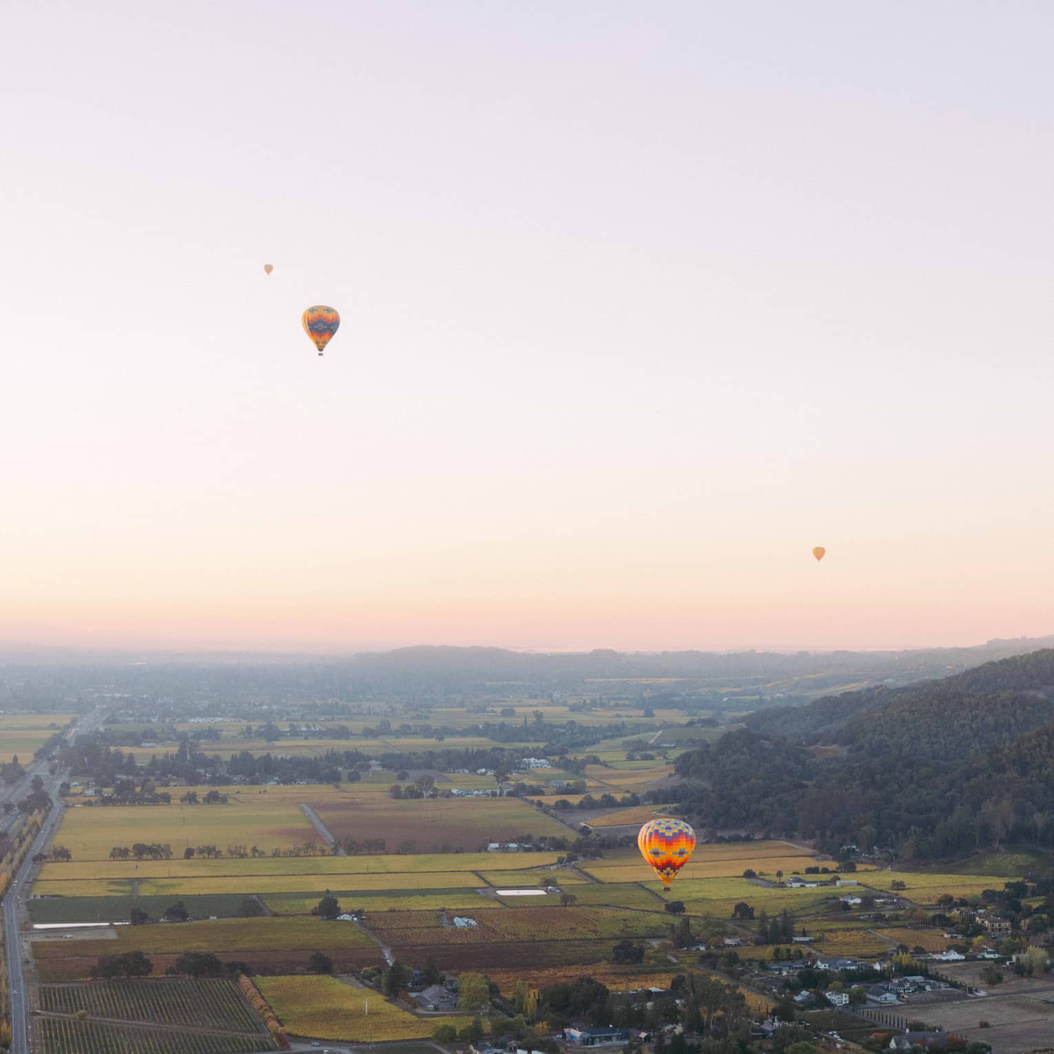 Six hot air balloons float in the air above Napa Valley