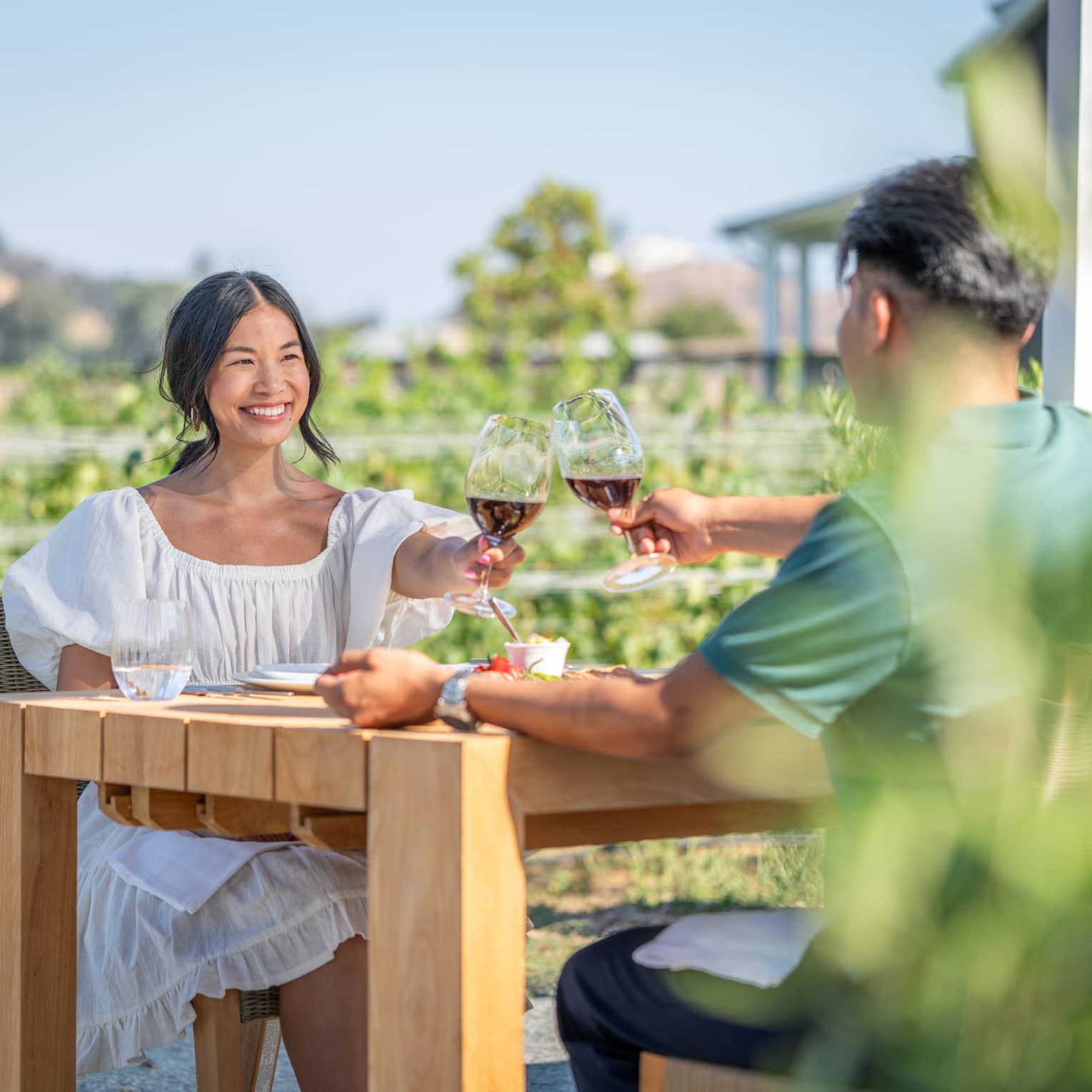 Two people sitting at an outdoor table in a vineyard, toasting with glasses of red wine, with greenery and hills in the background.