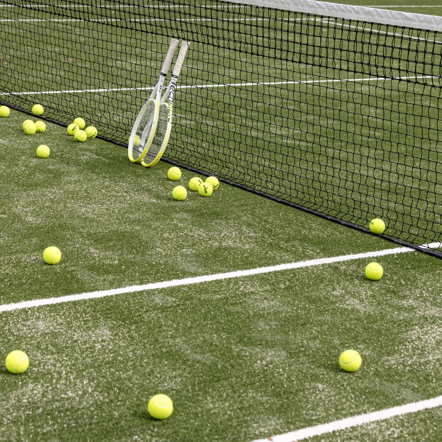 Tennis balls scattered on a tennis court. Two tennis racquets are propped against the net.