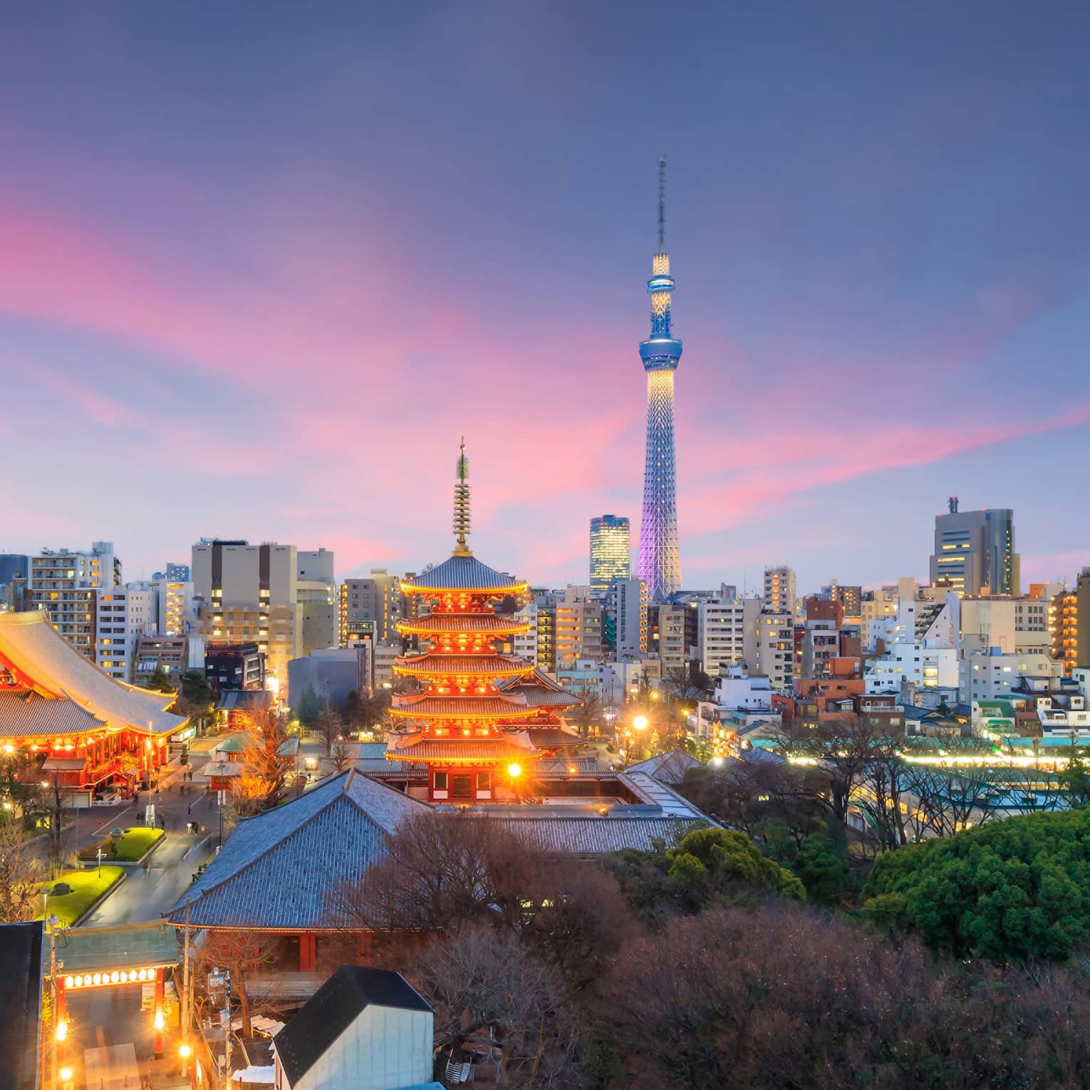 Illuminated city buildings, temples at night
