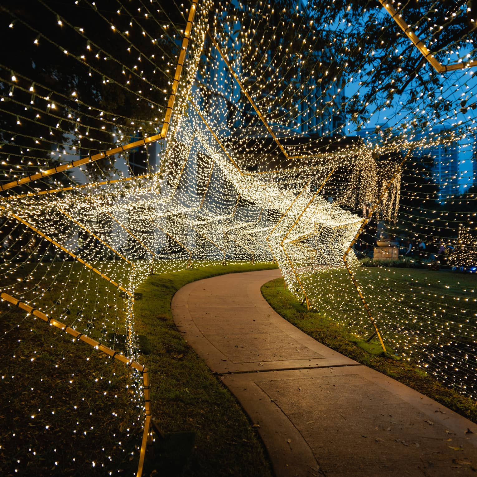 Star-shaped tunnel of lights surrounding an outdoor path.