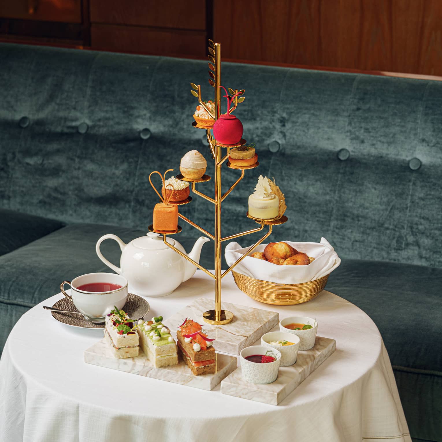 Festive afternoon tea on a white table