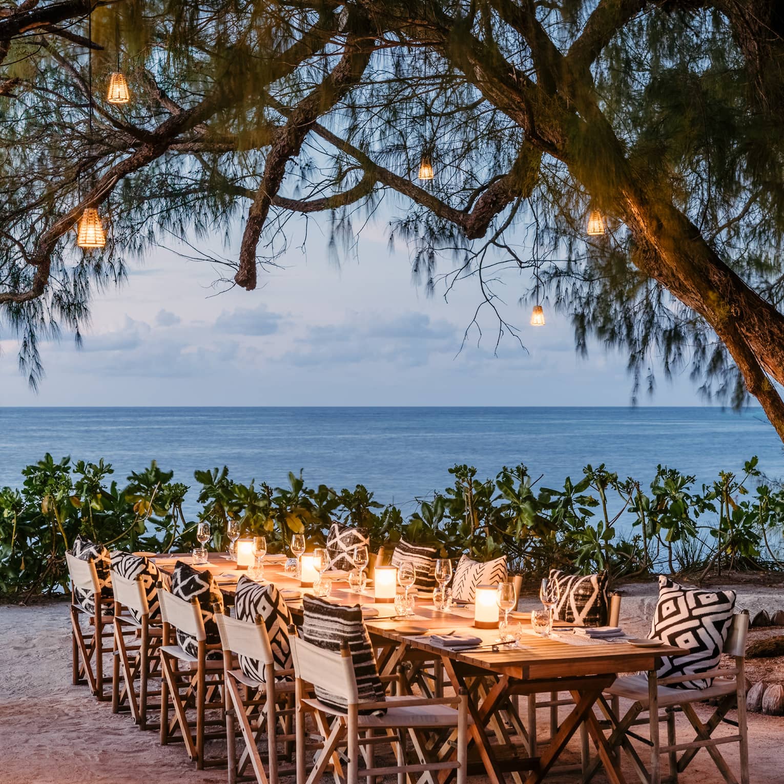 Lanterns hang from tree branches, line long outdoor dining table on beach
