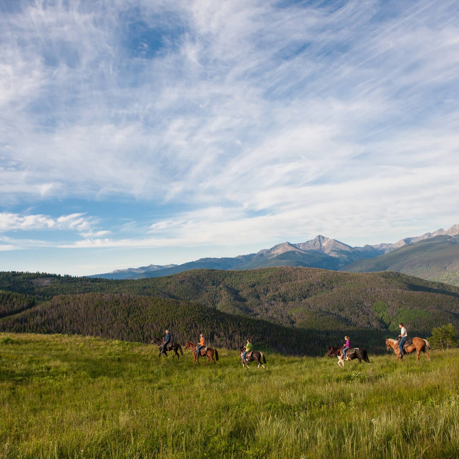 A group of people on horseback riding along grass and hills.