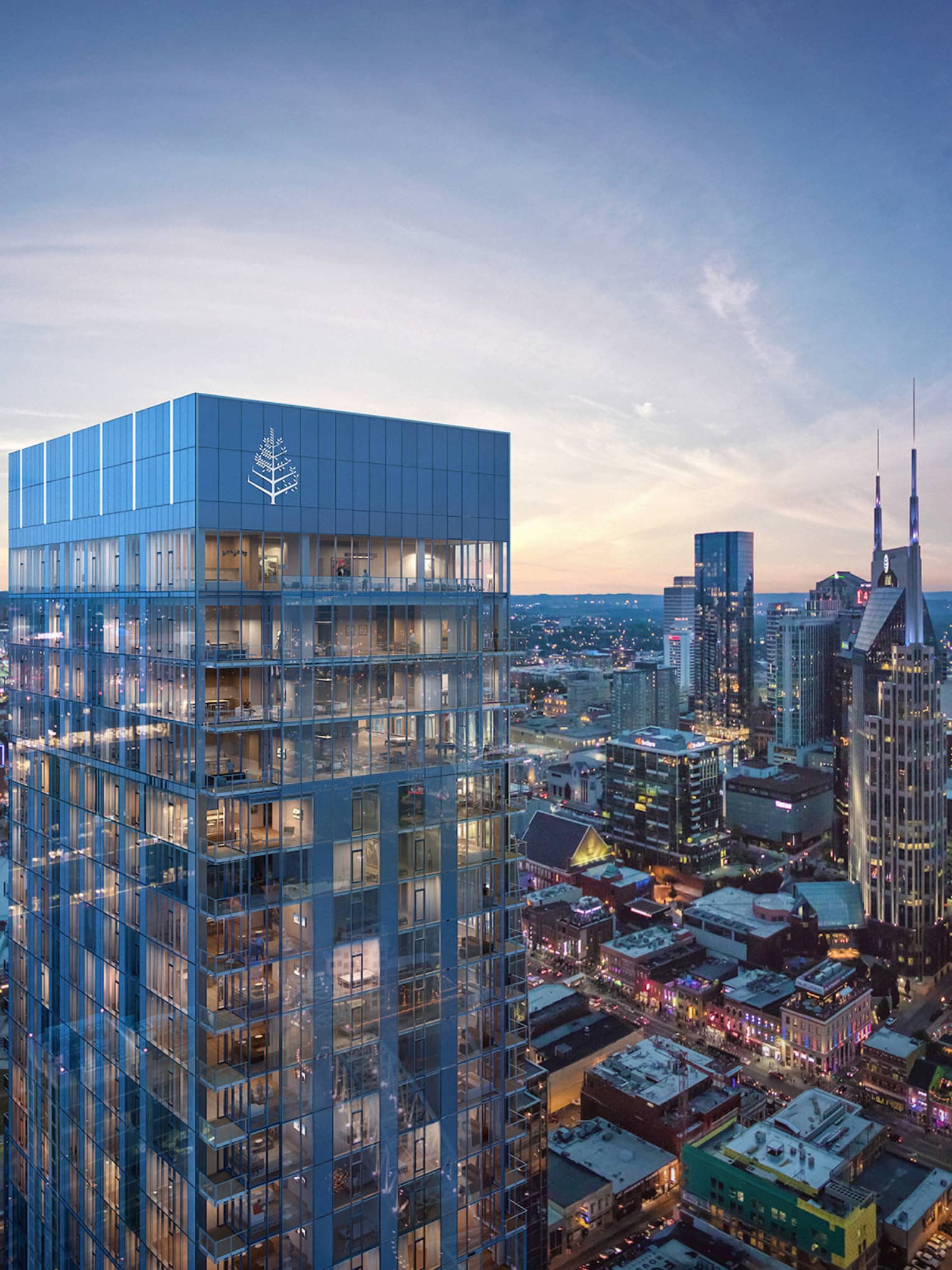 Aerial view of Nashville skyline at dusk
