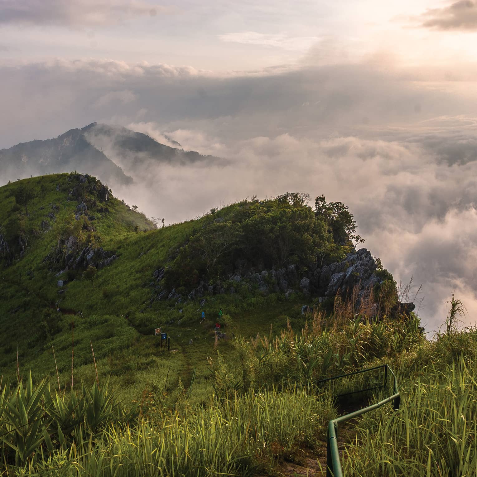 Green hills of Chiang Rai, Thailand, flanked by wispy clouds with sun peaking through