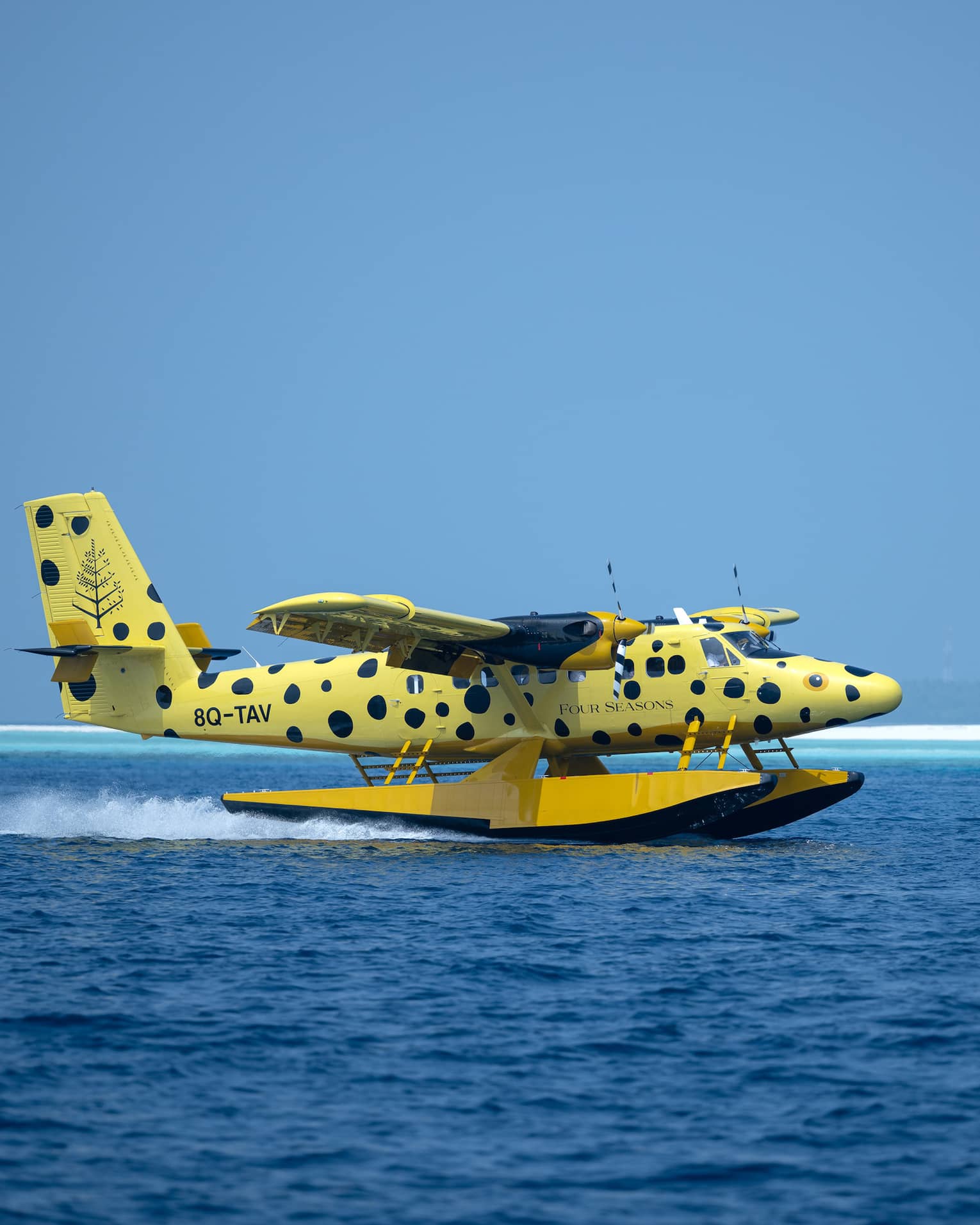Yellow and black-spotted single-engine plane lands on the water in the Maldives
