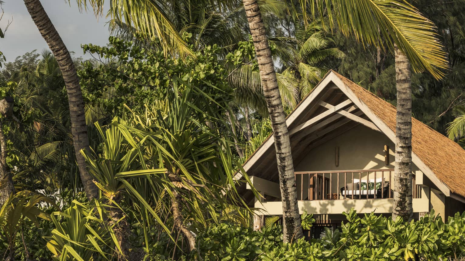 Exterior view of Sunset Beach Villa in green tropical mountain, palm trees