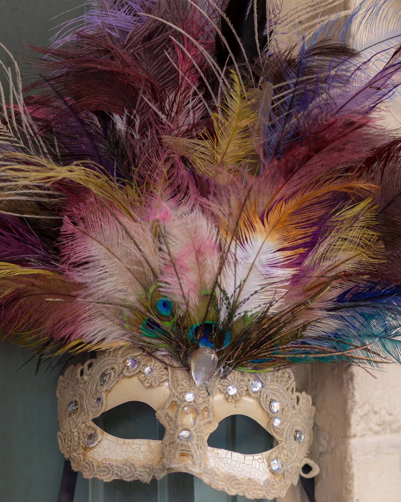 Colourful Mardi Gras mask with peacock feathers