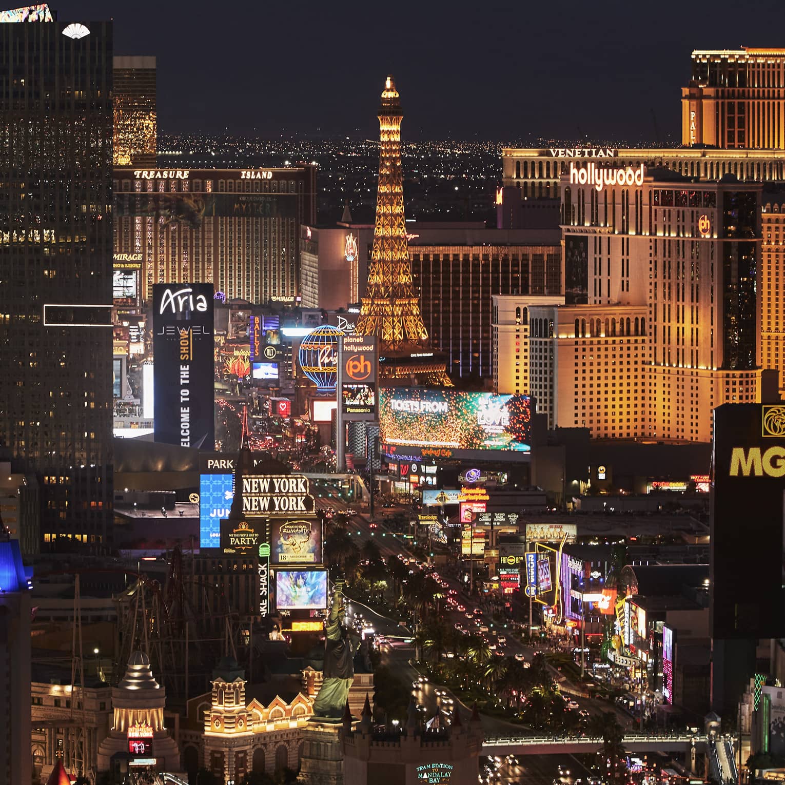 Aerial view of Las Vegas strip and neon lights at night