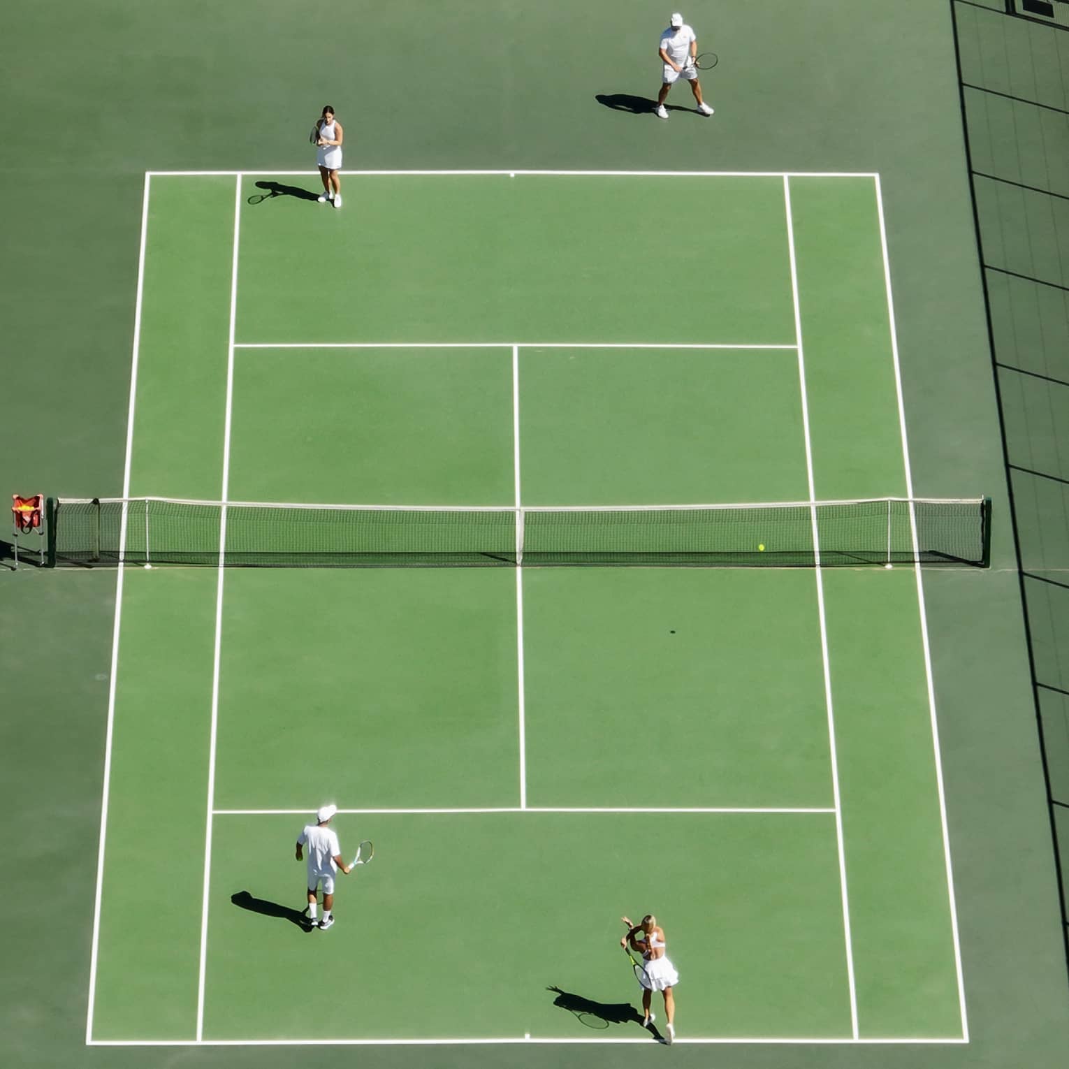 Aerial view of four guests playing tennis on a green tennis court