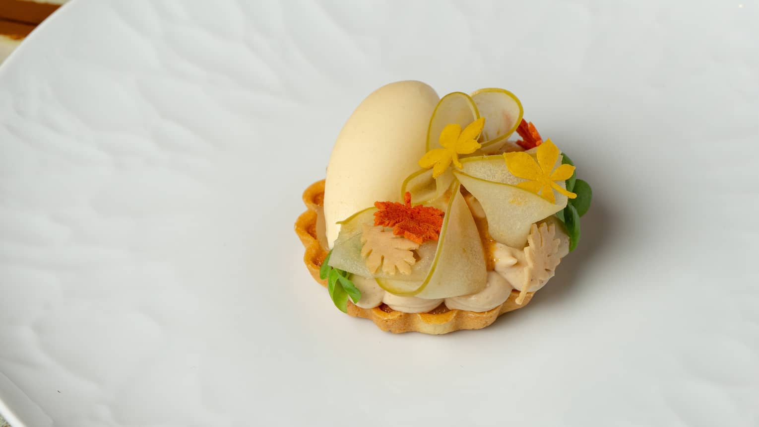 A round white plate holds a small artistically garnished tart.