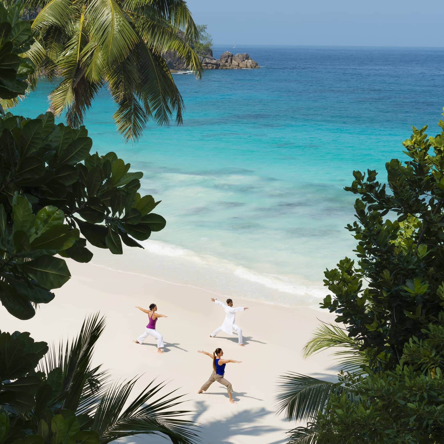 Aerial view of sandy beach through palm leaves where three people do yoga