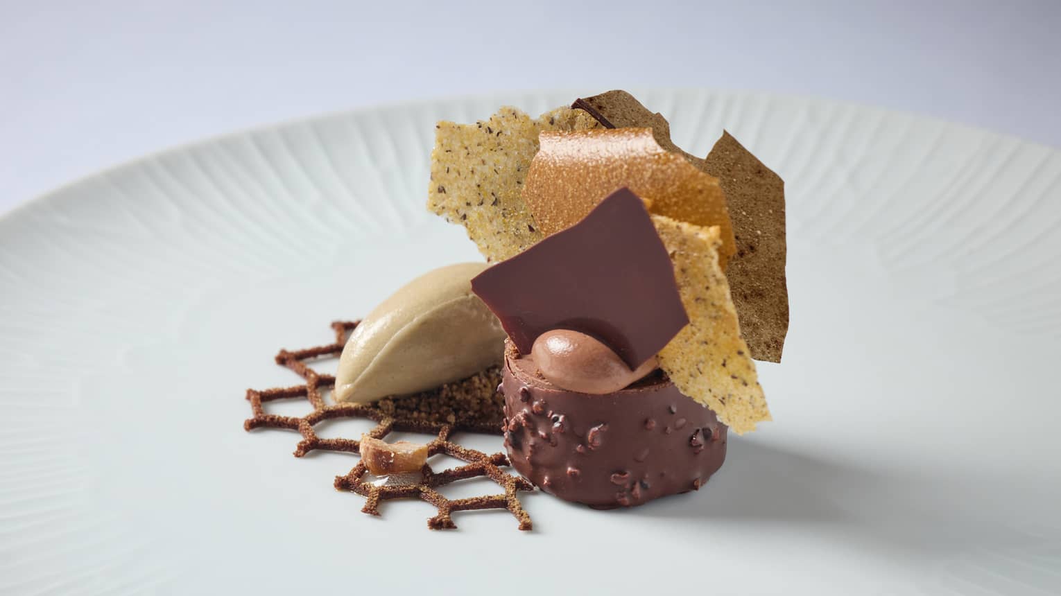 Buckwheat flavoured Criollo dark chocolate with seasonal mushrooms and hazelnut liquor sauce.