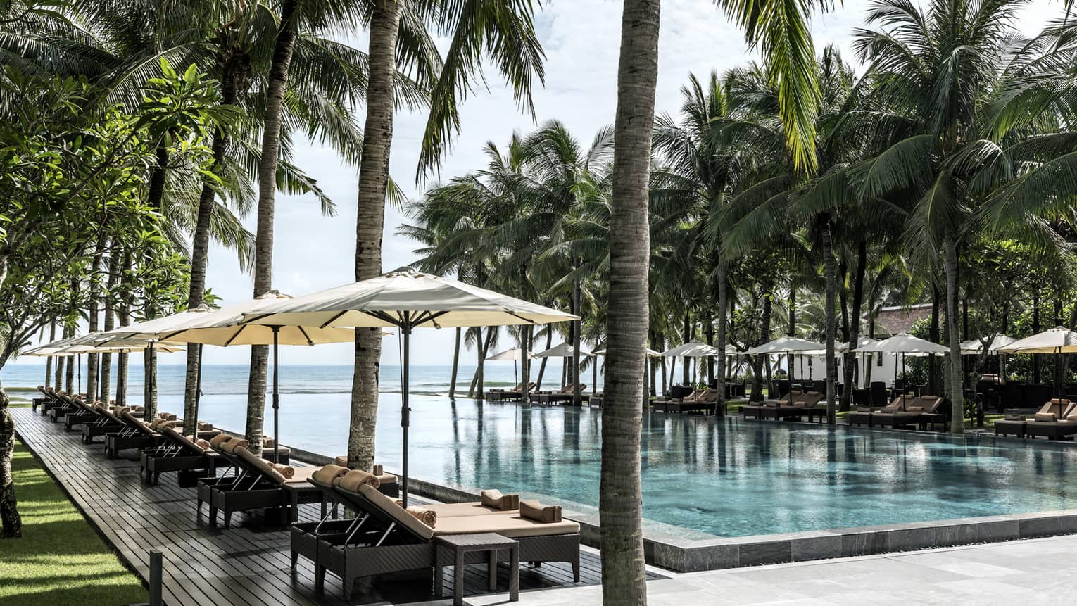 Lounge chairs, patio umbrellas, large palm trees line outdoor swimming pools