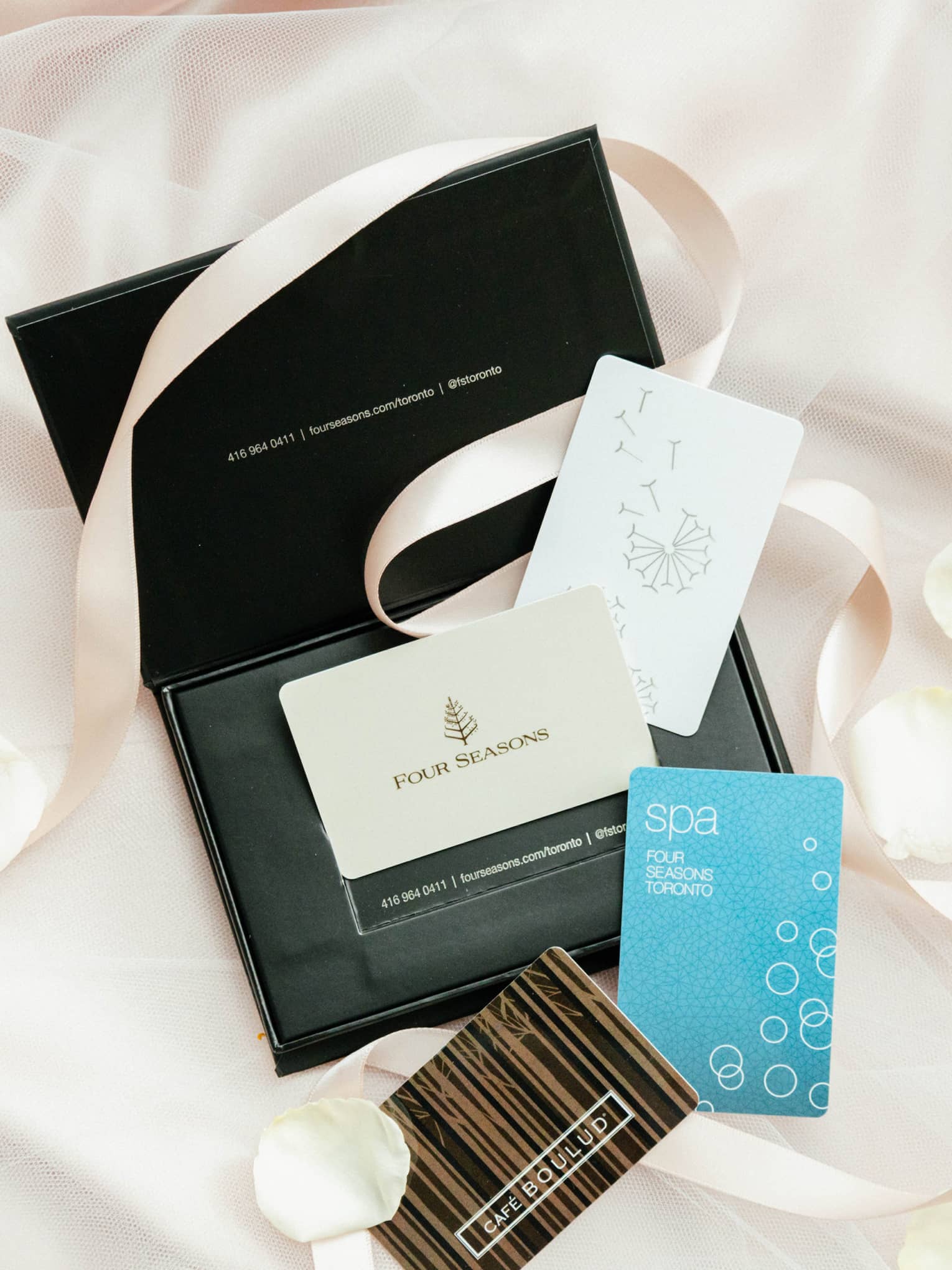 Four Four Seasons gift cards lay above a black card holder with a light-pink ribbon and white rose petals on a white background