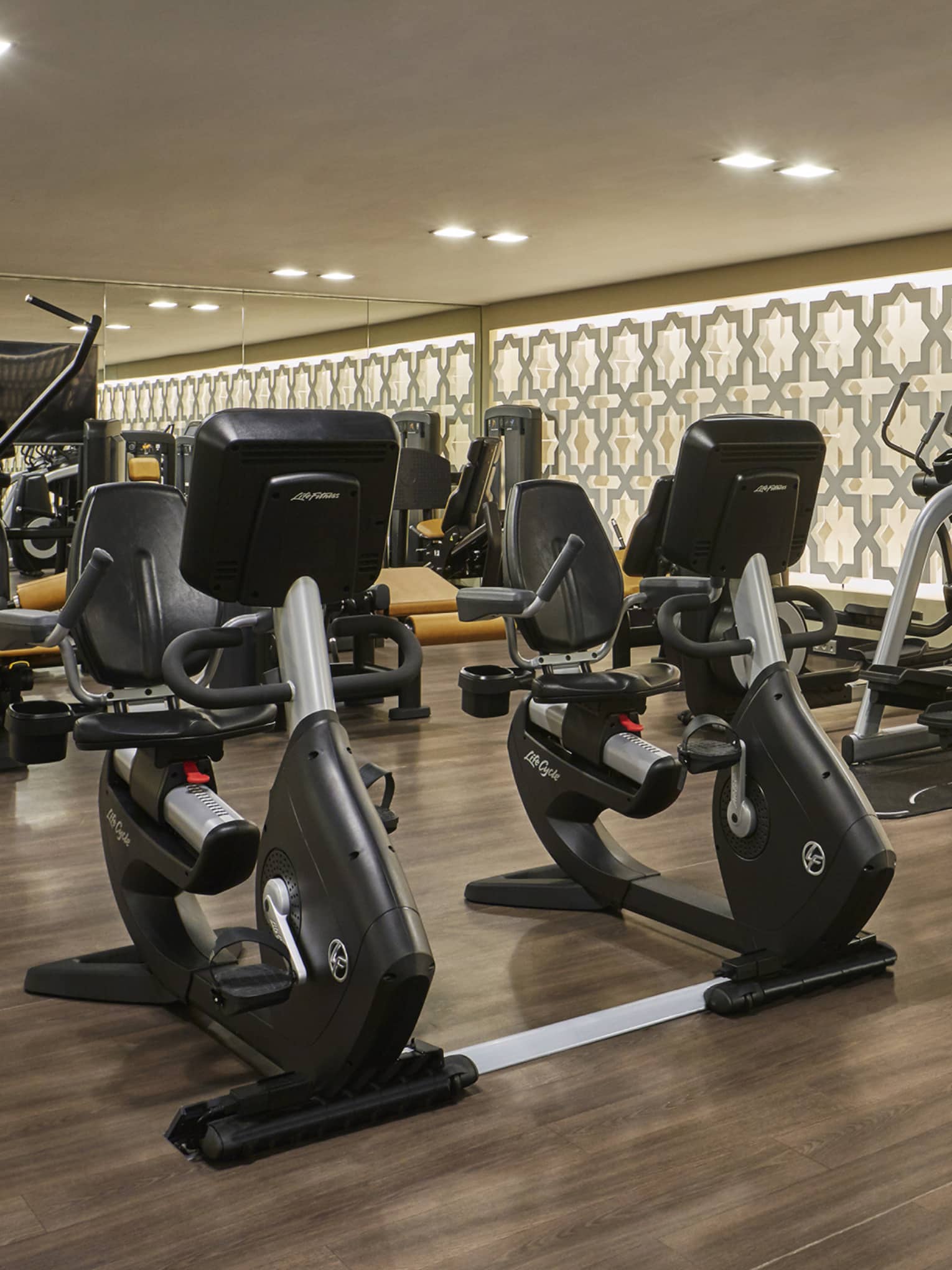 Rows of cardio machines in dimly-lit fitness room with wood floors