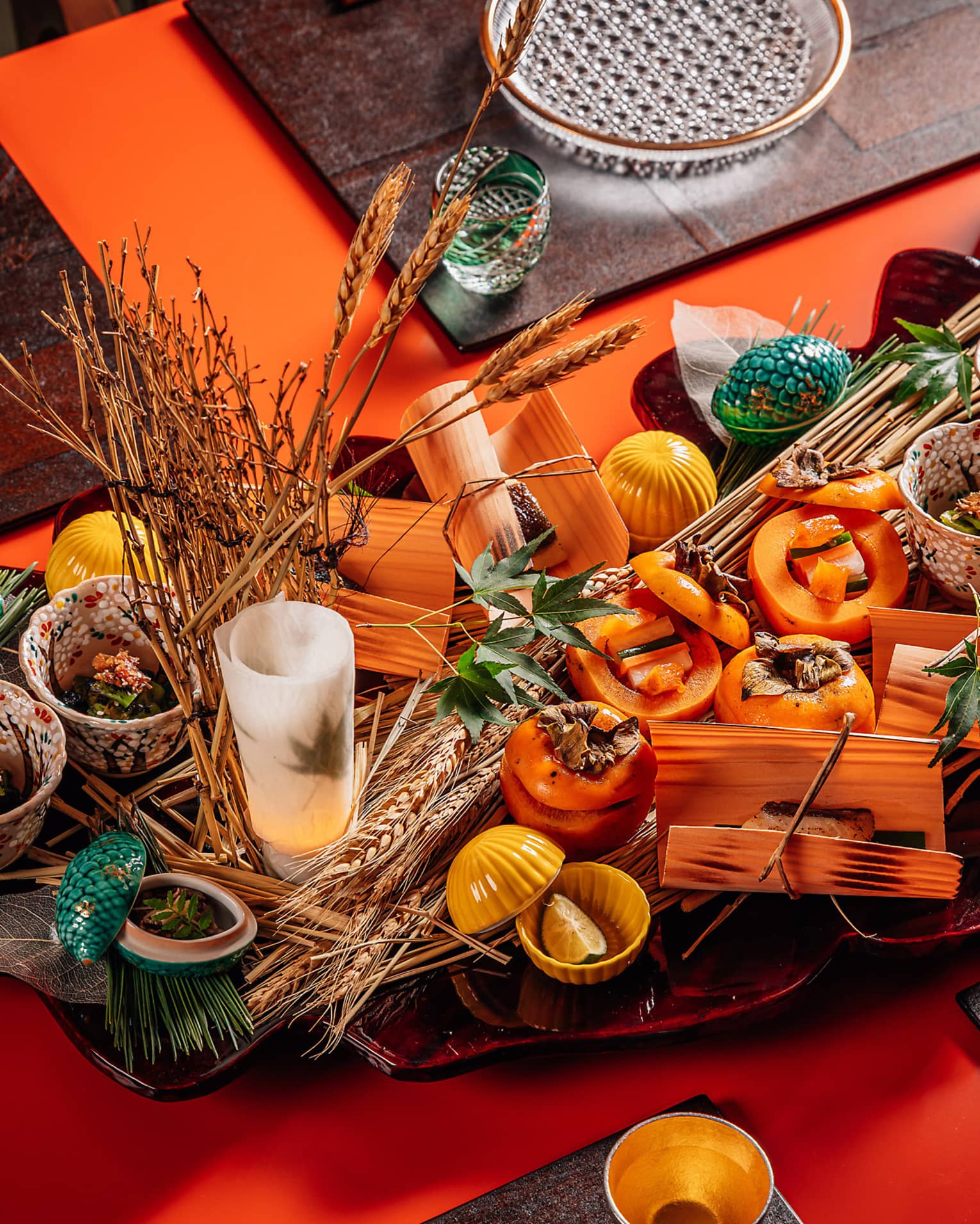 A spread of tender wagyu-shigure, silky gindara, Kuri Shibukawa-ni and a persimmon-and-daikon-vinegar salad