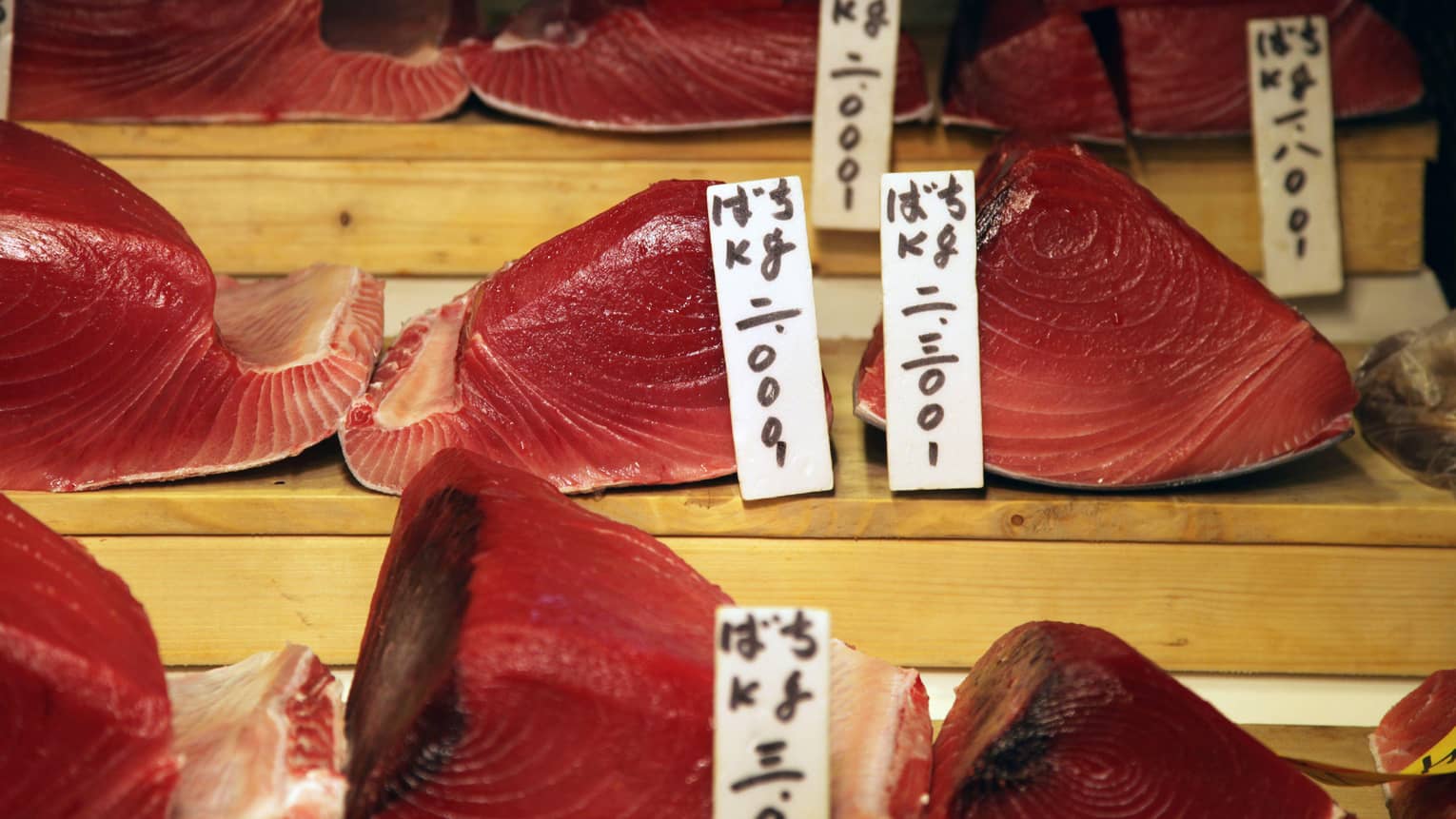 Close-up view of labelled cuts of glistening, pinky-red fresh tuna displayed on three levels of wooden risers.