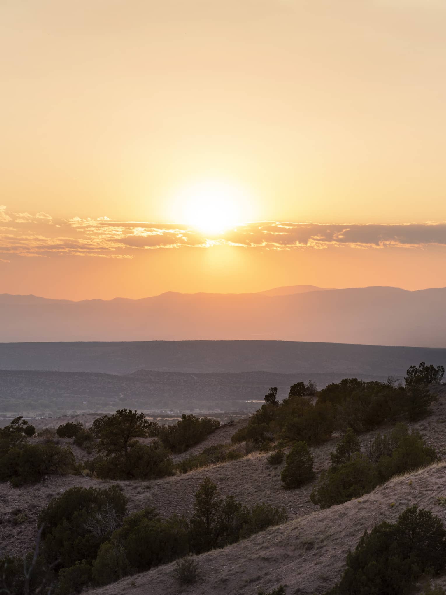 A hill with small trees with the sun setting behind it.