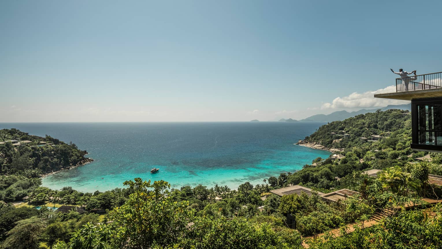 Aerial view of resort tropical forest and turquoise lagoon