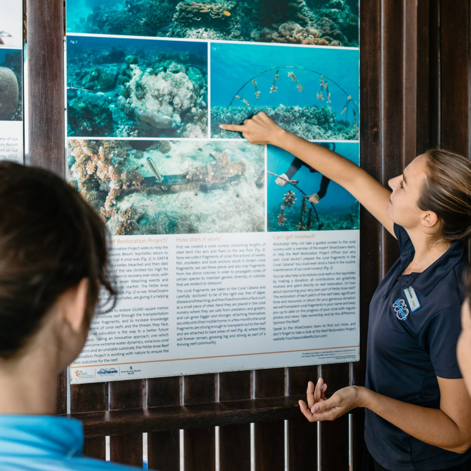 WiseOceans educator pointing at wall poster in front of group