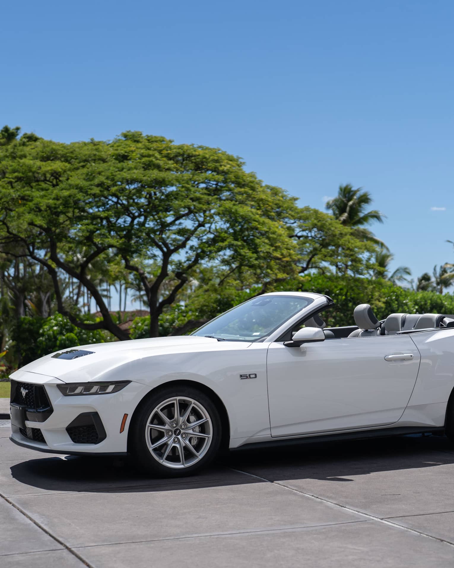 White convertible car parked in front of tropical beach setting