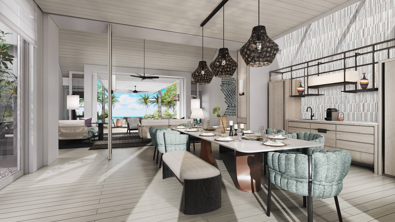 Spacious dining area of a luxury suite and a view of a tropical landscape