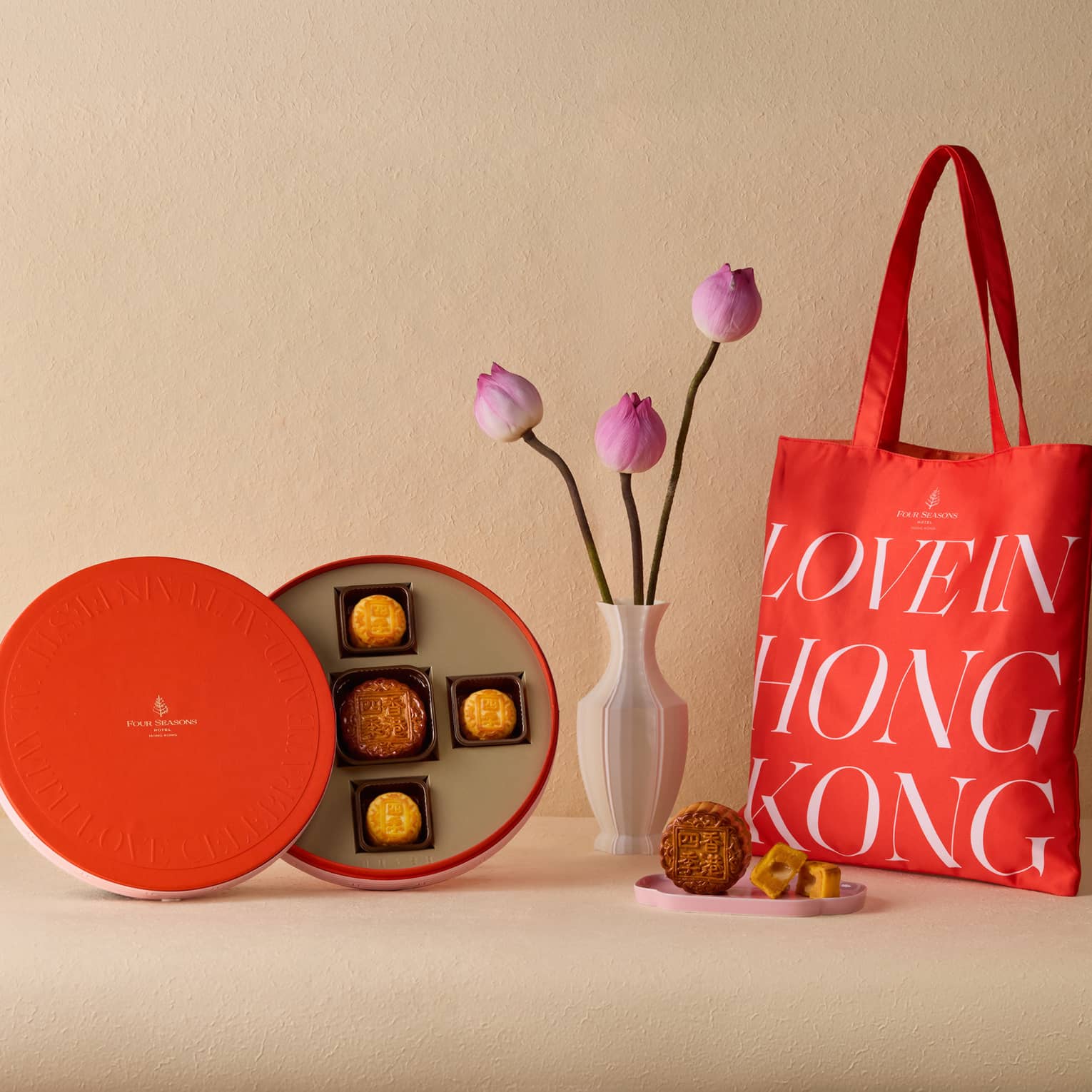 Luxury Four Seasons Hong Kong Mooncake set with red tote bag