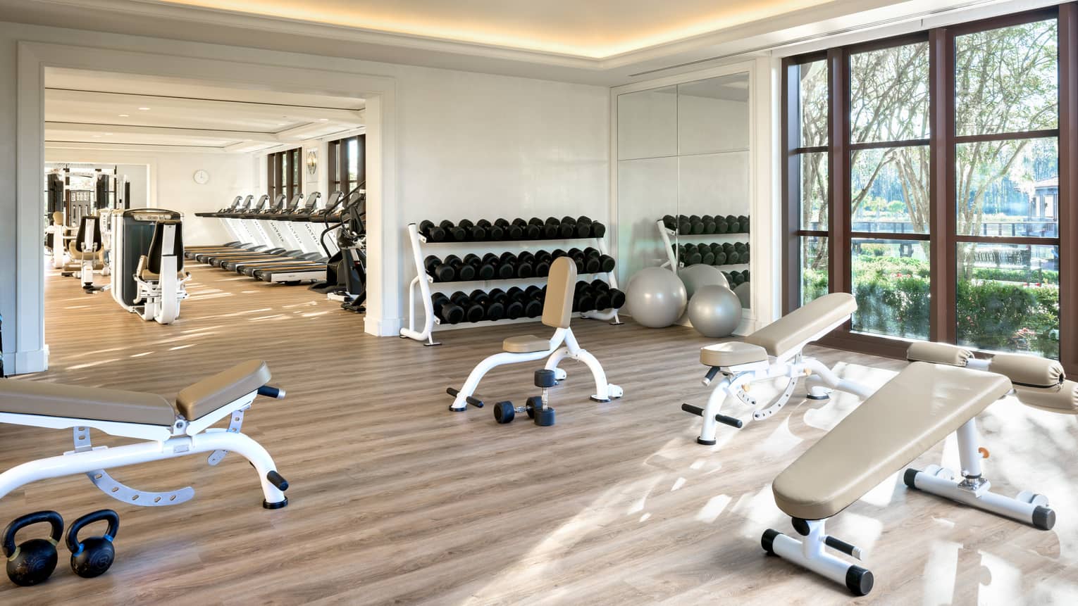 Bright Fitness Centre with leather benches, hand weights, large windows