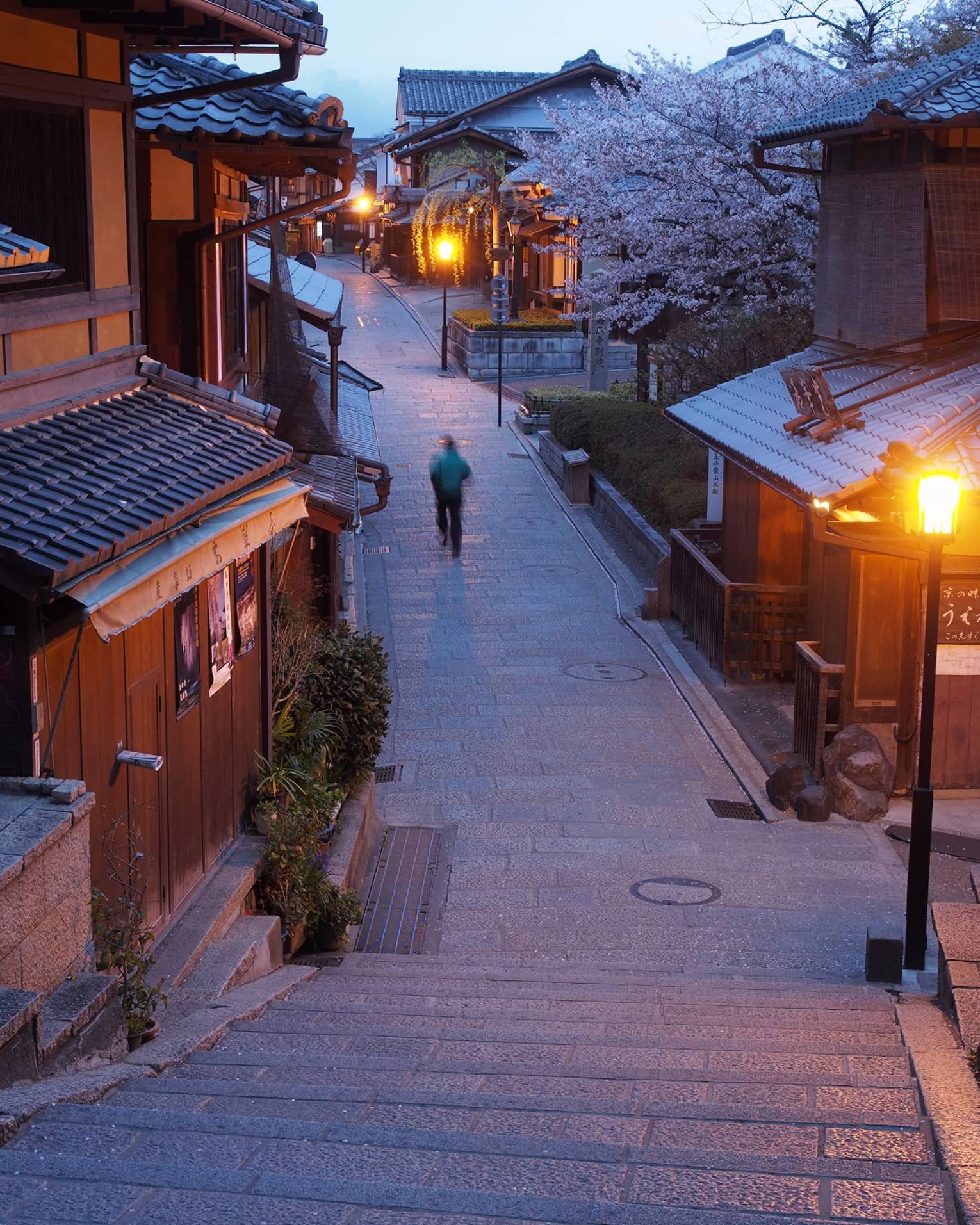 a winter scene on a shopping street in kyoto