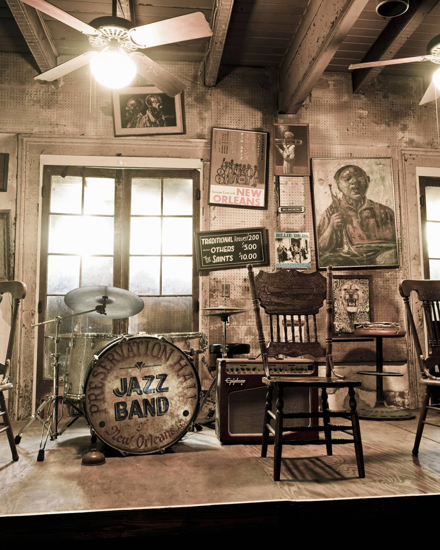 New Orleans stage set up with chairs, drum with words Jazz Band
