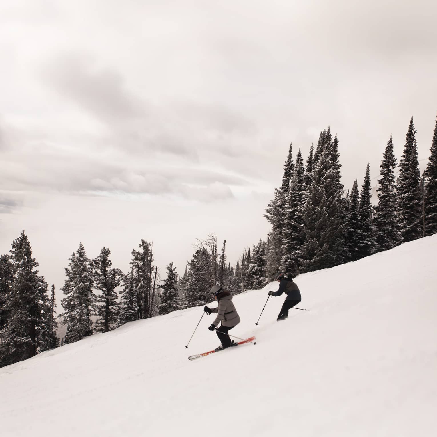 Arial view of two skiers descending a snow covered slope 