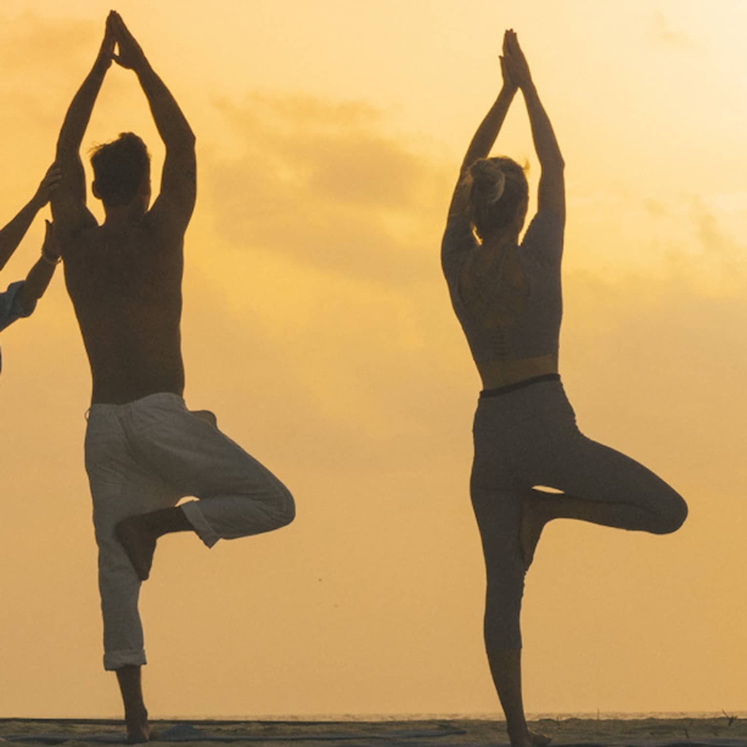 The morning sun silhouetting a couple doing yoga poses with an instructor on a beach surrounded by palm trees and greenery.