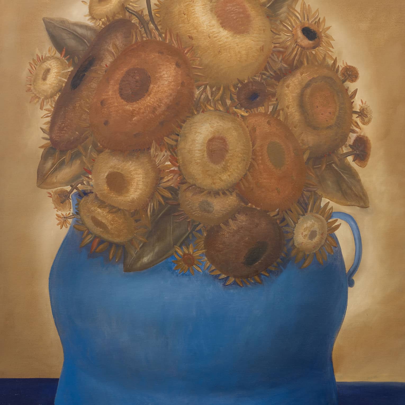 Painting of a bouquet of yellow flowers in a blue pot.