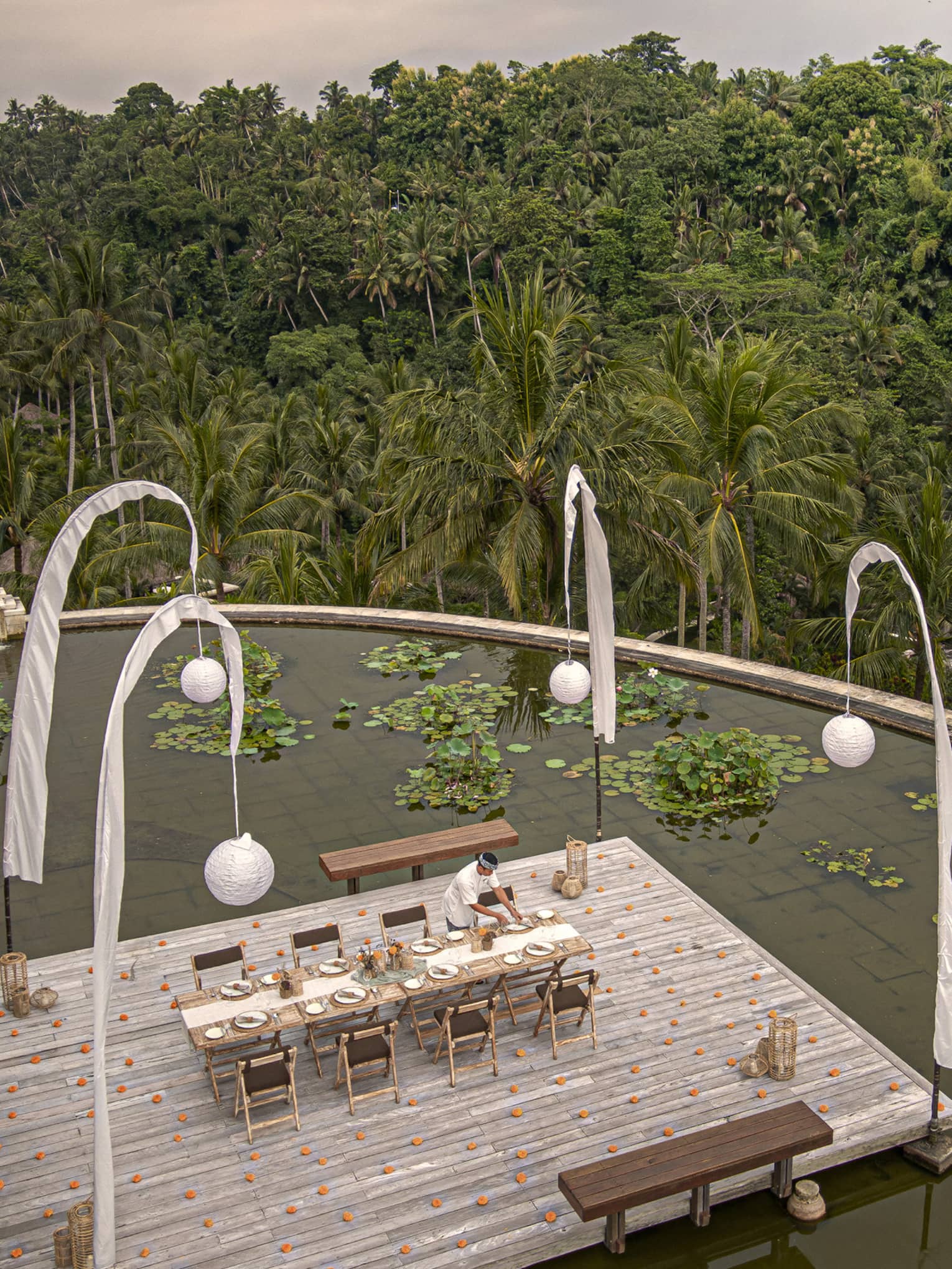 Bird's-eye view of a long table on a deck in a lotus pond, the jungle canopy stretching off into the distance below.