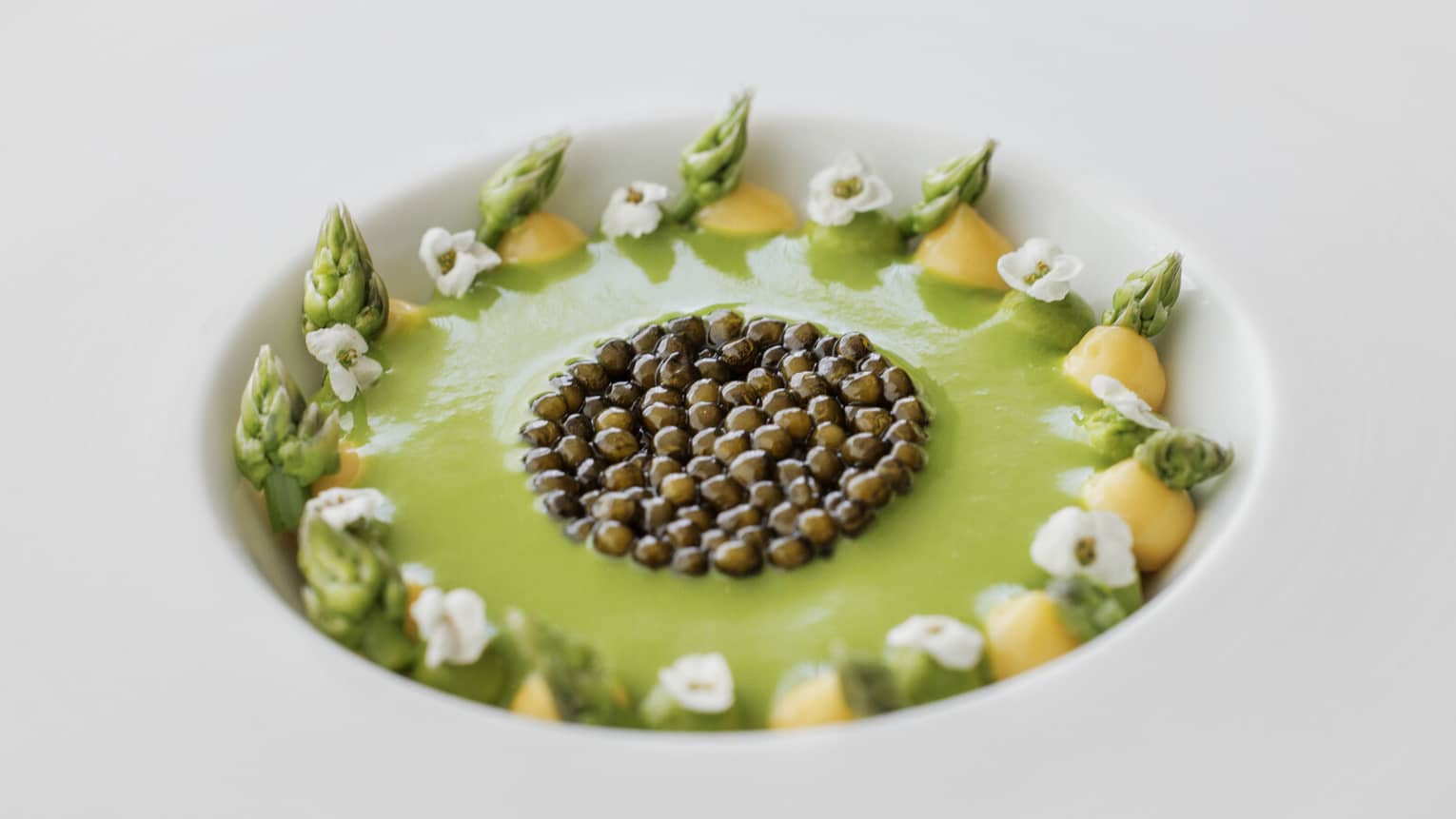 Caviar served over a green sauce in a bowl lined with dots of yellow sauce, asparagus and floral garnishes