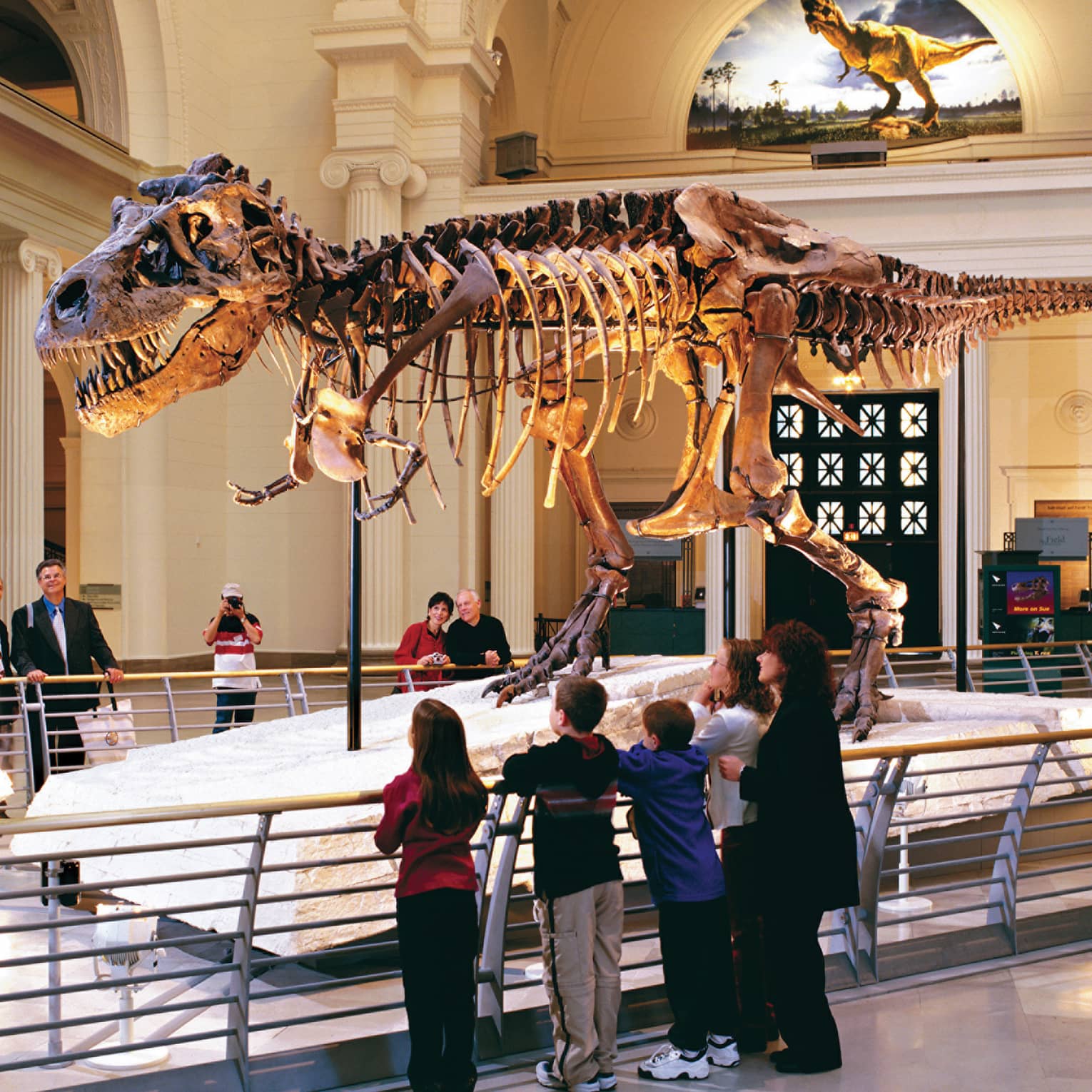 Family looks up at dinosaur bones in museum