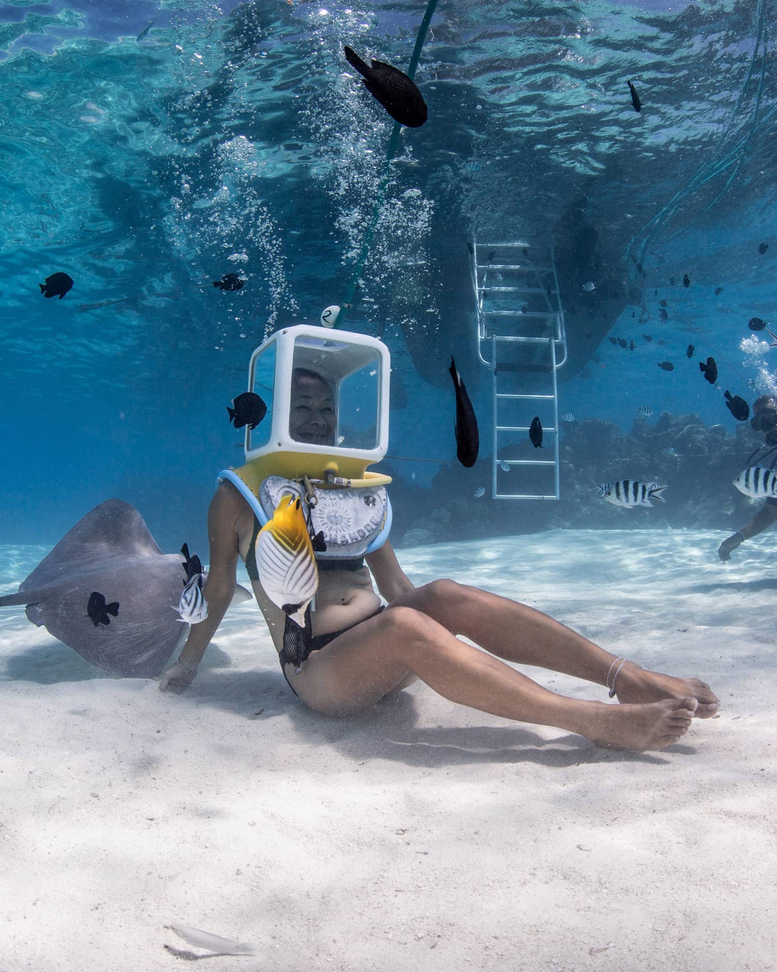 A diver sits on the ocean floor, their head encased in a glass helmet attached to a hose as rays and bright fish swim nearby.
