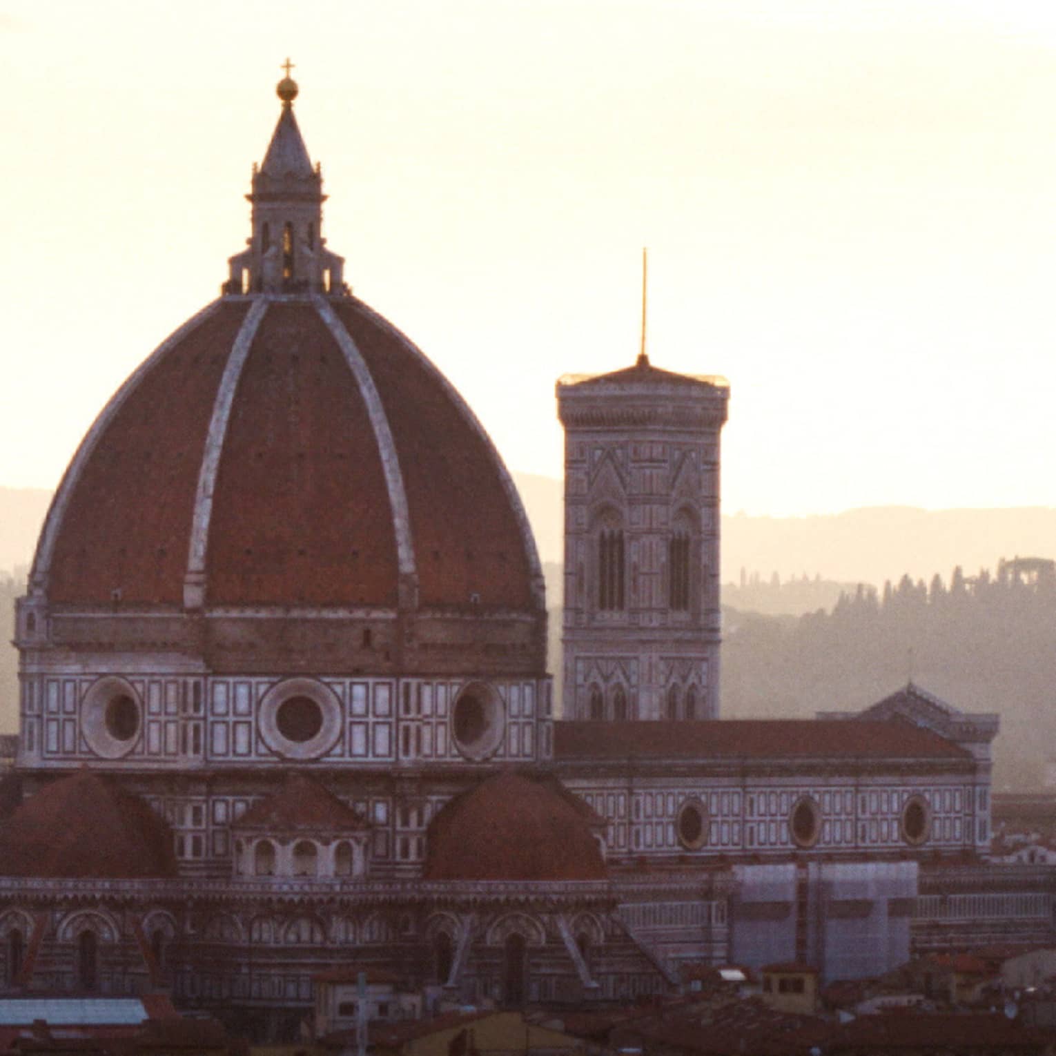 Ornate cathedral with a large dome and bell tower at sunset, birds flying nearby, rooftops in the foreground and distant hills visible under soft-colored sky.