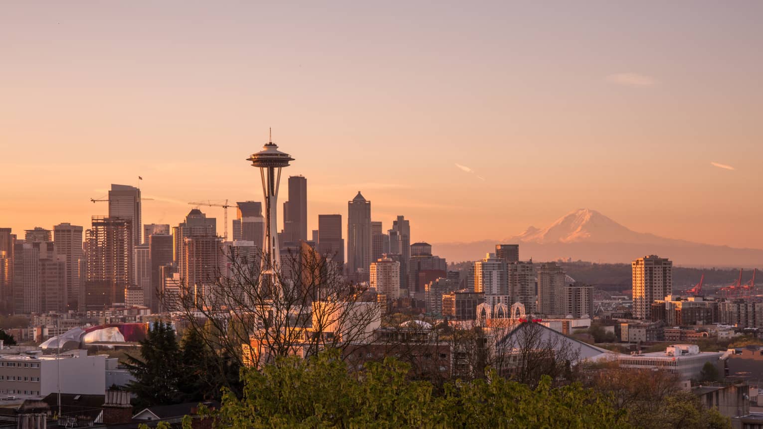 the Seattle skyline at sunset is accented by the Space needle 
