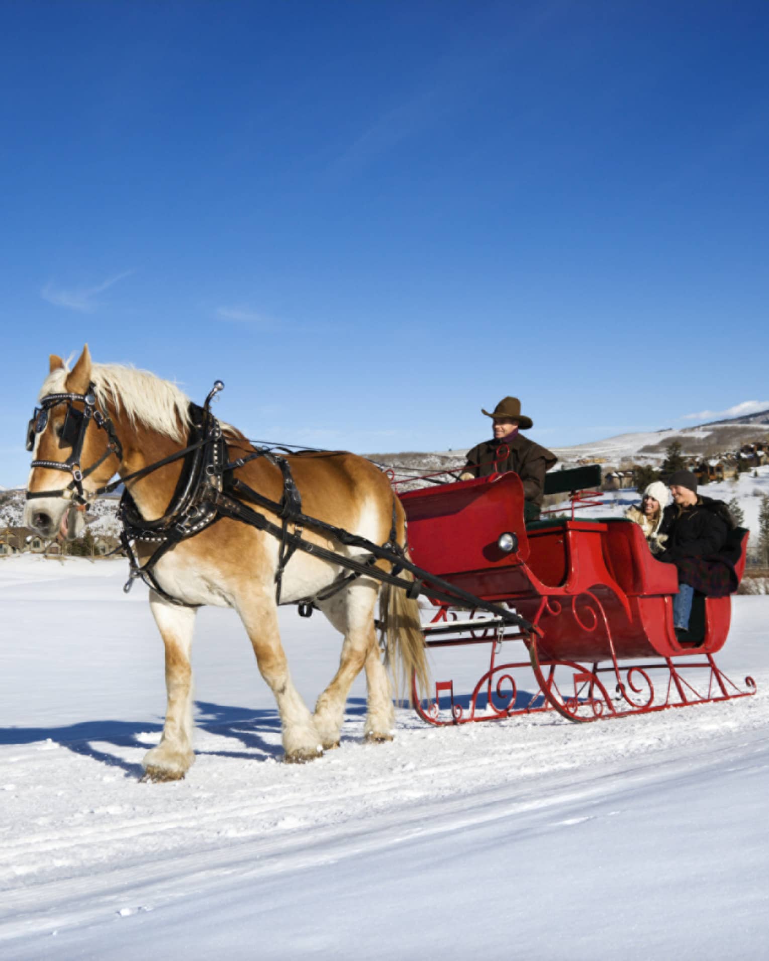 A horse pulling a red coloured sleigh with three people on it through white snow.