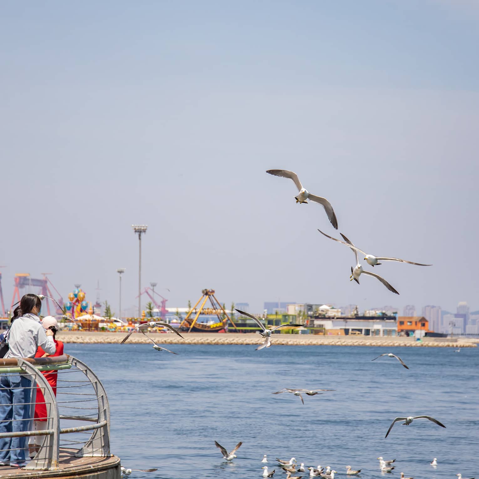 Tourists gather at a sunny pier lined with old-style lamp-posts as seagulls fly nearby, an amusement park in the distance.